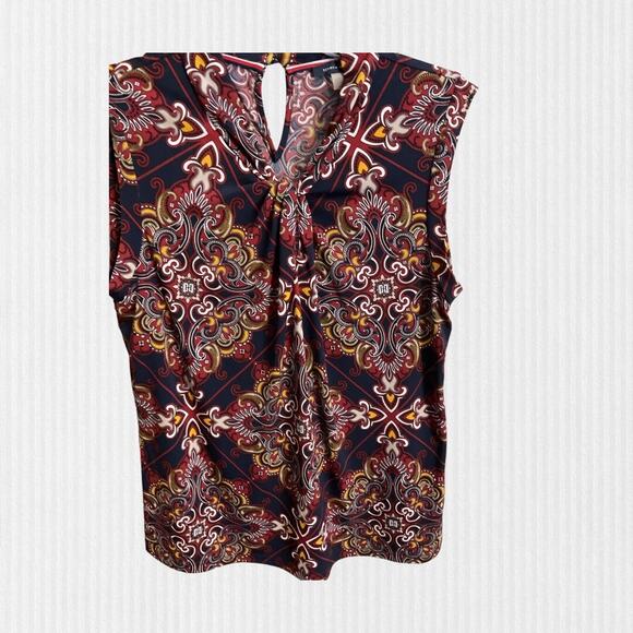 Tommy Hilfiger Shirt Women SZ M Blue Red Tile Medallion Twist V Neck Sleeveless - Picture 4 of 12